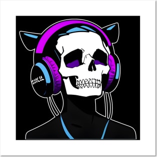 Skull with Headphones Violet and Light Blue| Listening Music Posters and Art